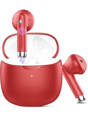Wireless Glossy Red Stereo Bass Ear Noise Cancelling Mic 32H Bluetooth Earbud